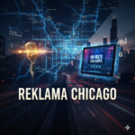 Nowoczesna wizualizacja reklamy w Chicago przedstawiająca złotym mikrofon radiowy, cyfrową mapę miasta z siecią połączeń oraz tablet wyświetlający technologię HI-RES 320 KBPS na tle panoramy Chicago nocą.